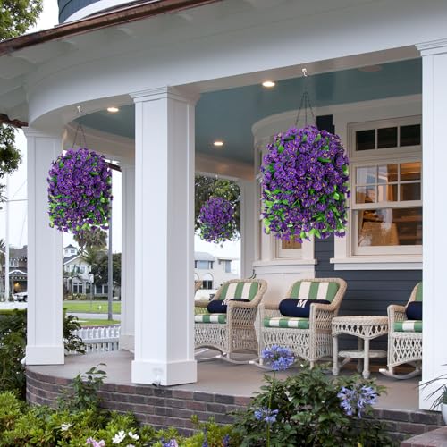 Image of Ammyoo Artificial Faux Hanging Flowers Basket for Spring Outdoor Decor