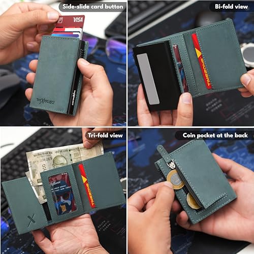 Image of The X Project Vaulton Trifold Wallet | Premium Genuine Leather | Aluminium Cardholder | Side Slide Pop-Up Card Ejector | Carry Up to 6 Cards and 1 Slot for Carrying Cash & Folded Bills (Blue)