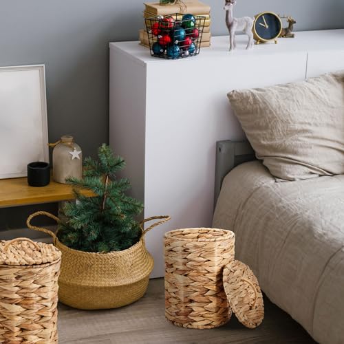 Image of Ctosree 1.3 Gallons Small Trash Can with Lid Handle Boho Woven Braided Bathroom Waste Basket Trash Can with 100 Garbage Bags for Bedroom Office Laundry (Natural, Braided Wicker, Round)