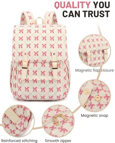 Image of Corduroy Laptop Backpack for Women, Fits 15.6 Inch Computer Bag, College Bookbag Travel Daypack Purse, Work Business Bags - Corduroy Bow Pink