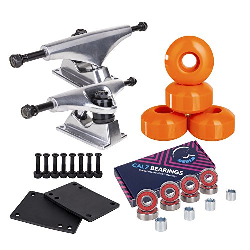 Cal 7 Skateboard Package Combo with 5 Inch / 129 Millimeter Trucks, 52mm 99A Wheels, Complete Set of Bearings and Steel Hardware (Silver Truck + Orange Wheels)
