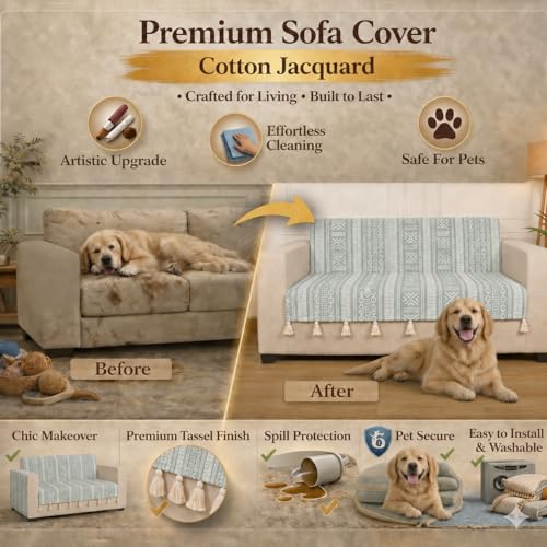 Image of STITCHNEST 'Verdant Bohemian Stories' 2 Seater Sofa Cover - Full Coverage| Elegant Jacquard Fabric, Decorative Tassels, Washable & Durable for Modern Living