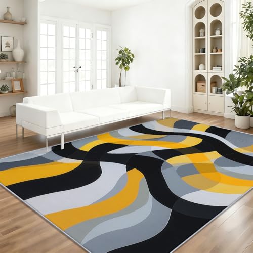 Alfombra Lavable de 60 x 110 cm Minimalista Líneas Onduladas Alfombra con Respaldo Antideslizante, Adecuada para Sala de Estar, Duradera, cómoda, Resistente a Las Manchas Gris Amarillo