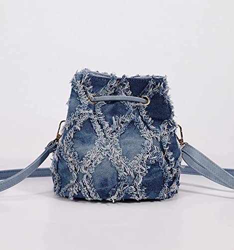 Women's Small Denim Bucket Purse Tie-dyeing Quilted Distressed Shoulder Crossbody Bag2