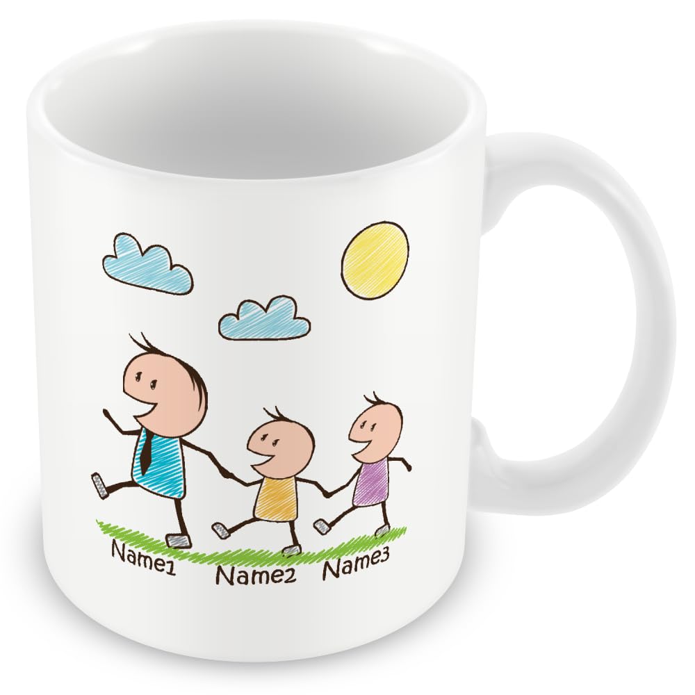 Personalised Daddy Mug with 2 Kids – Custom Names – Cute Dad and Children Stick Figure Design Gift for Dads
