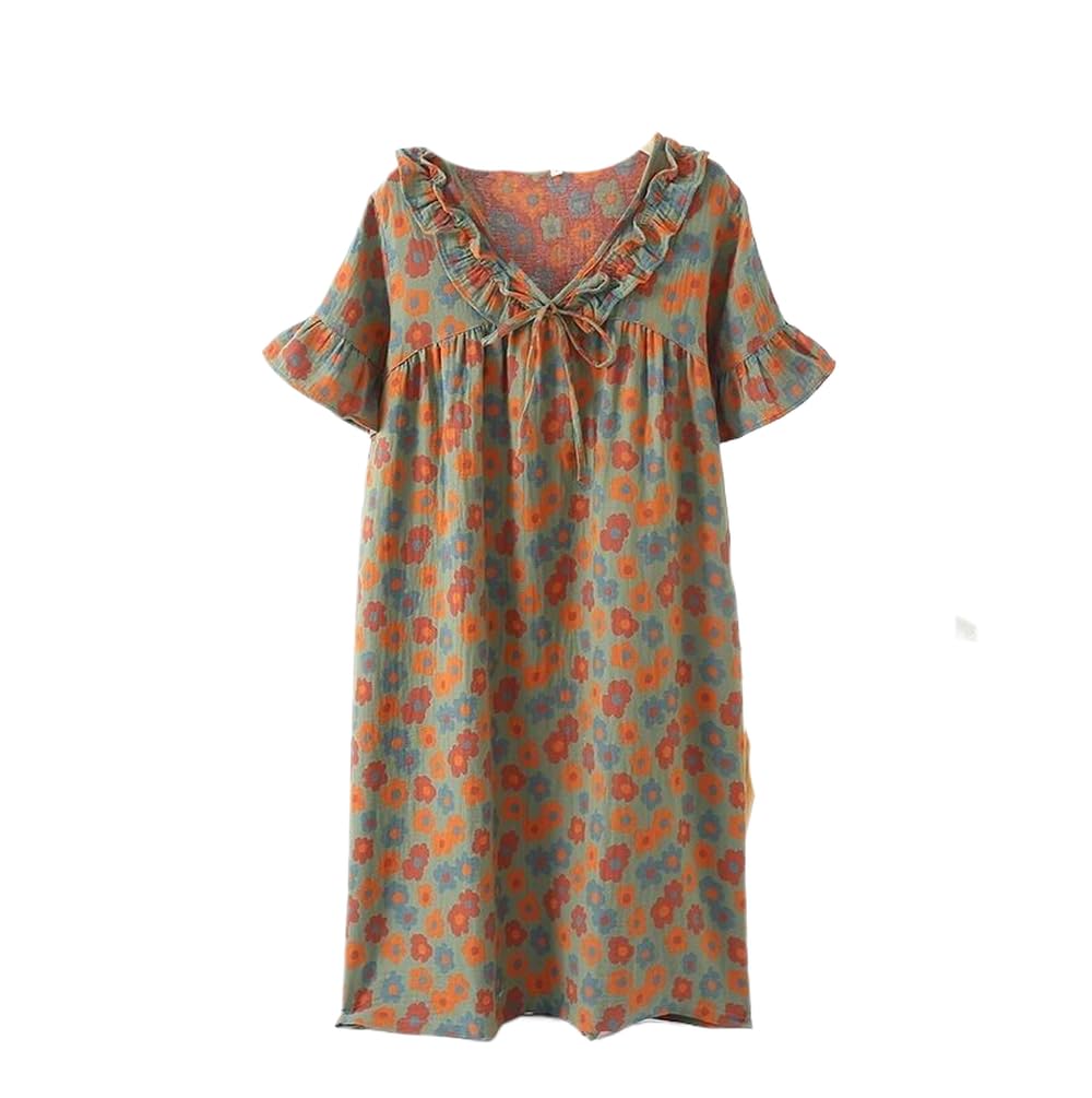 Camicia da Notte Donna - Abito da Notte Estivo A Maniche Corte in Pizzo con Scollo A V da Donna Stampa Allentata Abito da Casa Sottile da Donna Pigiama Vintage Tinto in Filo Abiti da Notte