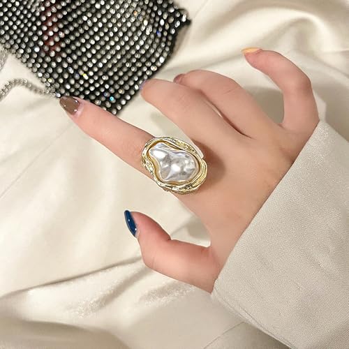 GIGB PBDK 18k Gold Irregular Pearl Ring for Women,Gold Plated Adjustable White Baroque Pearl Finger Rings,Dainty Statement Jewelry for Wedding Party4