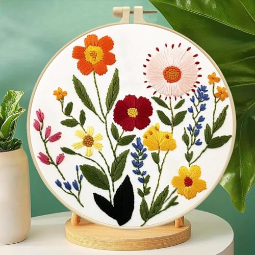 Image of Zhenqing Flower Embroidery Kit for Beginners, Floral Hand Embroidery Starter Kit with Pattern, Wildflower Needlework Craft Set with Cotton Fabric, Hoop, Threads, Needles and Embroidery Tools (C0125)