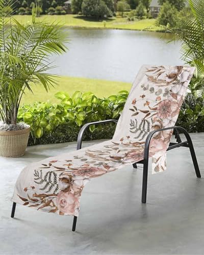 Beach Pool Patio Lounge Chaise Chair Cover Towel with Pockets,Rustic Eucalyptus Absorbent & Quick Dry Microfiber Towel Cover Bag Summer Travel Accessories Botanical Floral Leaves Tribal Ethnic Boho