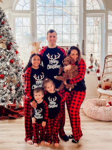 Image of IFFEI Matching Family Pajamas Sets Christmas PJ's with Letter and Plaid Printed Long Sleeve Tee and Bottom Loungewear