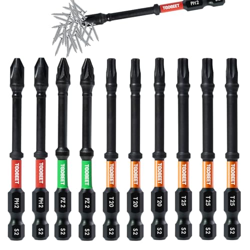 Toobeet Jeu Professionnel de 10 Embouts de Vissage 75 mm, Torx (T20/T25), Phillips (PH2), Pozidriv...