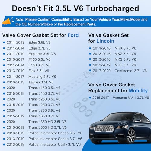 Image of VS50814R Valve Cover Gasket Set Fits for Ford Explorer Edge Mustang F-150 2015-2020, Valve Cover Gaskets VS50722 Replace for Lincoln MKX /Z /S /T Transit 150 /250 /350 and More Models (36PCS 3.5 3.7L V6)