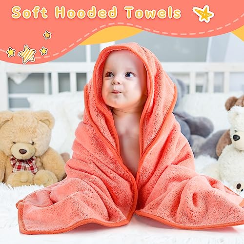Image of Preboun 4 Pcs Baby Bath Towel 31.5 x 31.5 Inch Coral Fleece Baby Hooded Towel Absorbent Soft Babys Towels for Newborn Cartoon Animal Hooded Bath Blanket for Kids Newborn Shower(Classic Color,Style A)