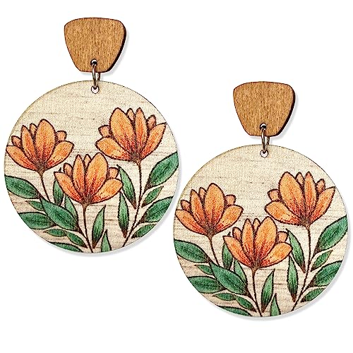 Handmade Bohemian Lightweight Round Wooden Sunflower Dangle Drop Earrings Vintage Boho Wood Geometry Flower Stud Earring for Women Statement