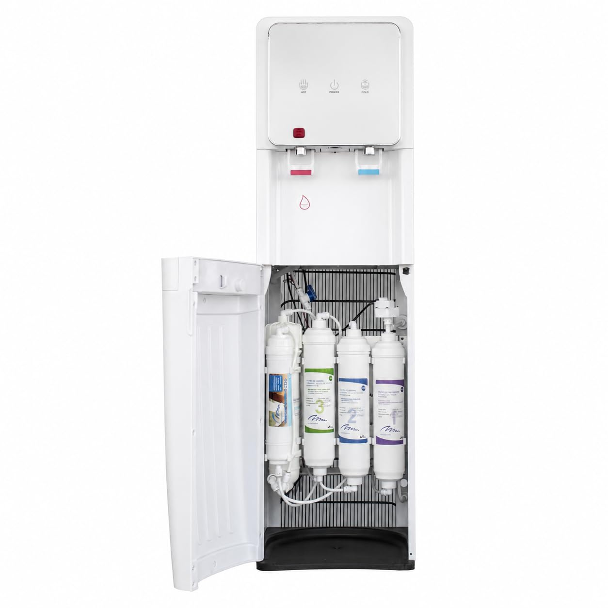 Fontana d'acqua con osmosi inversa a 5 stadi. Modello: Eco-Standard White Cooler RO 2T. Filtri Inline standard. erogazione di acqua fredda e naturale o fredda e calda.