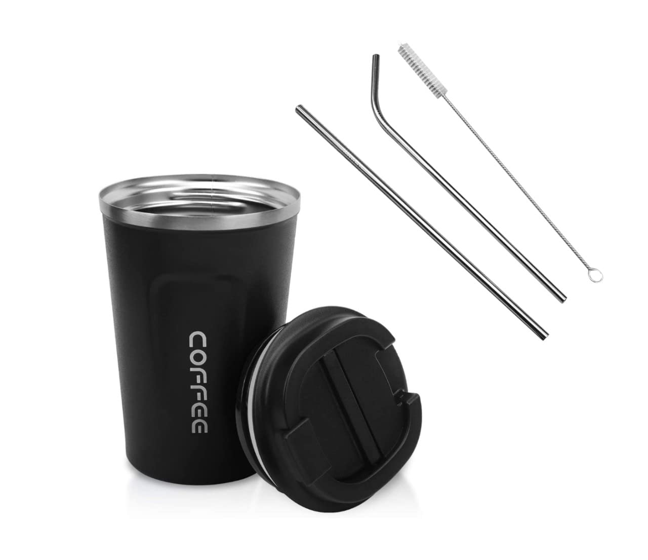 M&ITumbler 17 OZ Stainless Steel Vacuum Insulated Travel Mug With Straw & Straw Cleaning Brush, Double Walled Travel Tumbler Cup Water Cup with Leakproof Lid for Hot & Cold Beverage -Black-510ml.