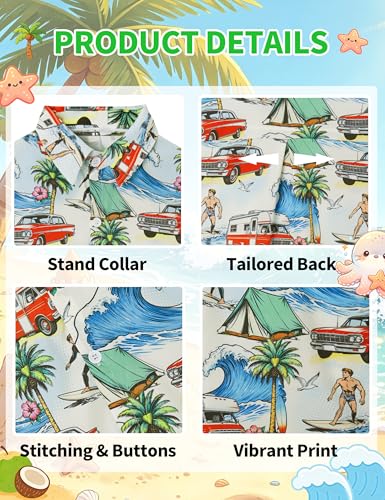 Image of Boys Hawaiian Shirt Kids Button Down Aloha Beach Hawaii Tops 5-14Y | Quick Dry, Breathable, Cooling & Lightweight, For Summer Vacation Holiday, Fourth of July, Youth, Teen, Shark, Dinosaur