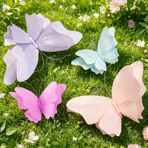 OBBOLO 3D Hanging Butterfly Decorations Butterfly Birthday Party Decorations 4 Pcs Crepe Paper Butterfly Hanging Decorations for Girls Women Flower Garden Party Decorations