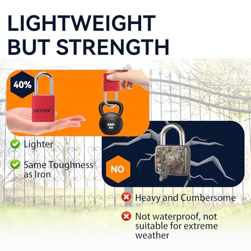 Image of SEPOX Heavy Duty Anti-Rust Padlock - 1-1 /2 inch (38mm) Aluminum Body | Long Shackle High Security Padlock, 3 Keys. Weather /Rustproof Marine-Grade. For Gate /Shed /Gym /Pool. Outdoor Use.