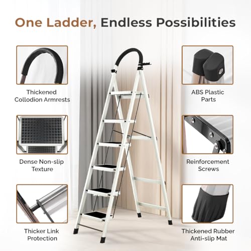 Image of HomeEssentials Foldable Ladder for Home | Heavy-Duty Steel with Large Platform | Wide Non-Slip Rubber Feet | Secure Lock Mechanism (6 Step)