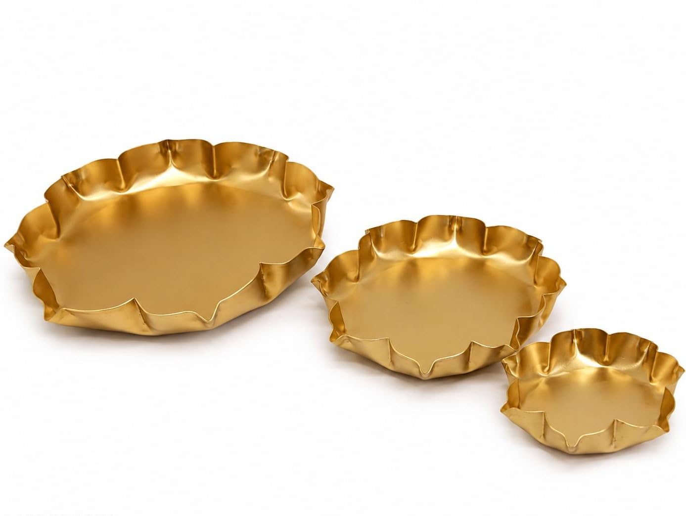 Golden Lotus Decorative Round Bowl Tray Set for Home Decor | Set of 3 Sizes, Ruffled Edge Design, Matte Gold Finish, Metal Construction, Multipurpose Tray-image-49