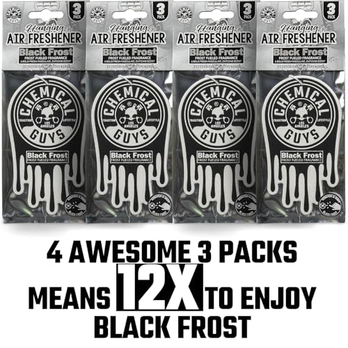 Image of Chemical Guys Car Fresheners, Hanging Air Freshener, Black Frost Scent 12 Pack, Great for Cars, Trucks, SUVs, RVs, Home, Garage, Workspace, Dorm Room & More (4 x 3 Packs)
