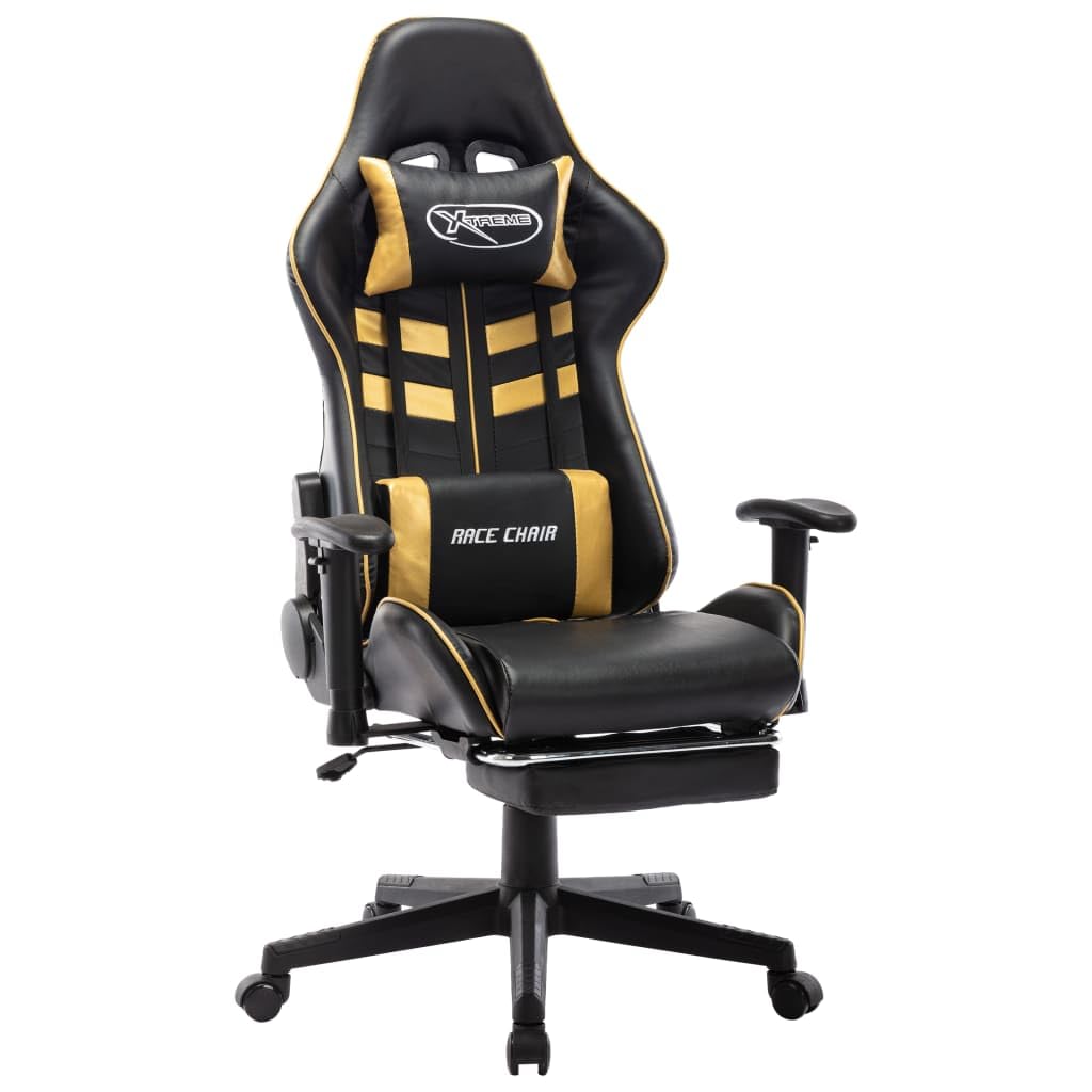 Chaise de jeu ergonomique noire et dorée en cuir premium avec repose-pied