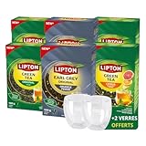 Lipton - Thé en Vrac 6×100 g -Thé Vert aux Agrumes, Thé Vert Nature & Thé Noir Earl Grey Orange Pékoé - Feuilles Longues, 100% Naturel & 2 Verres Lipton Offerts