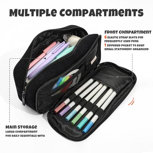 Image of SUNEE Pencil Case, Large Capacity Pencil Pouch, Aesthetic Big Pen Bag, Soft Corduroy Pen Box for Office Stationery Organizer School Supplies Multifunctional for Teen Boys Girls Women Men, Jet Black