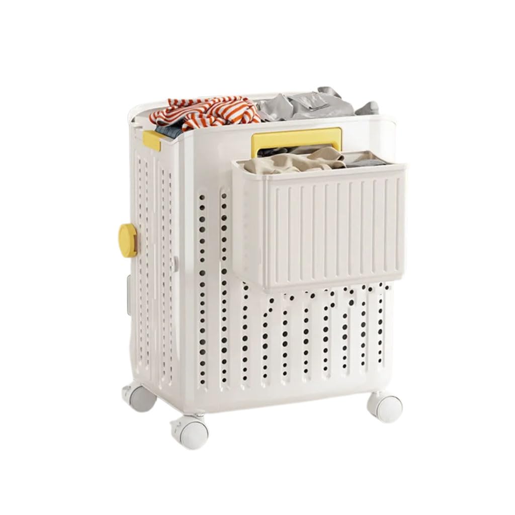 HRGKLMN Laundry basket, foldable with wheels and additional basket, large-capacity washing basket made of plastic, space-saving laundry hamper for small apartments, bathroom wash area,weiß,M