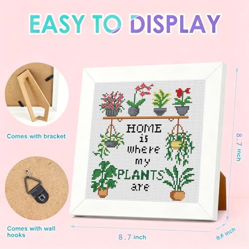 Image of Tiwabb Plant Cross Stitch Kits for Adults Beginners,Flower Stamped Cross Stitch Kits with Wooden Framed,Embroidery Kit for Beginners,Partial 11CT Cross-Stitch Arts and Crafts for Adults 8x8 inch