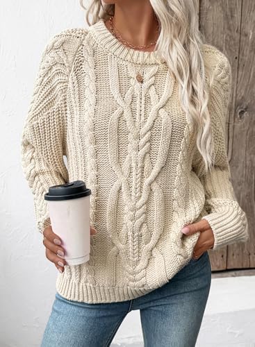 EVALESS Womens Sweaters Casual Crewneck Long Sleeve Cable Knit Chunky Lightweight Oversized Sweater Pullover Outfits2