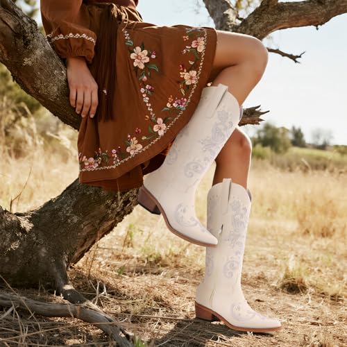 FancyQueen Western Cowboy Boots for Women, Knee High Cowgirl Boots with Classic Embroidered Slip On Chunky Heel Boot for Girls Ladies3