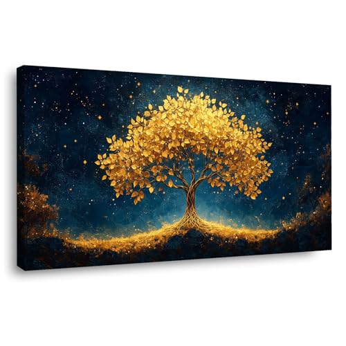 Tableau arbre de vie toile abstraite dorée 20x40cm encadrée pour déco murale salon