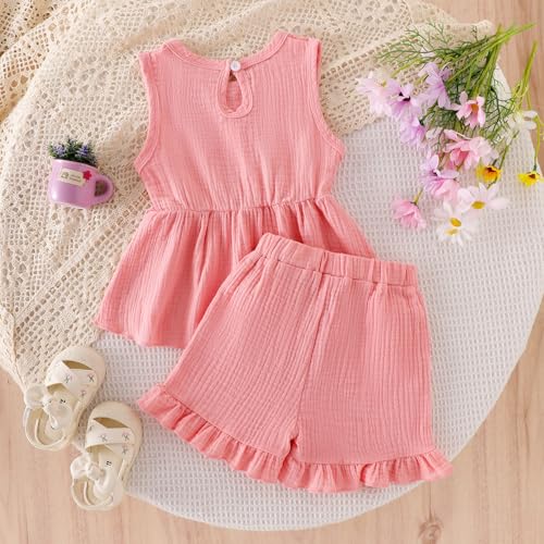 Image of Baby Girl Clothes Toddler Summer Outfits Cute Bow Sleeveless Top and Ruffle Shorts 2pc Set 1-5 Years Old