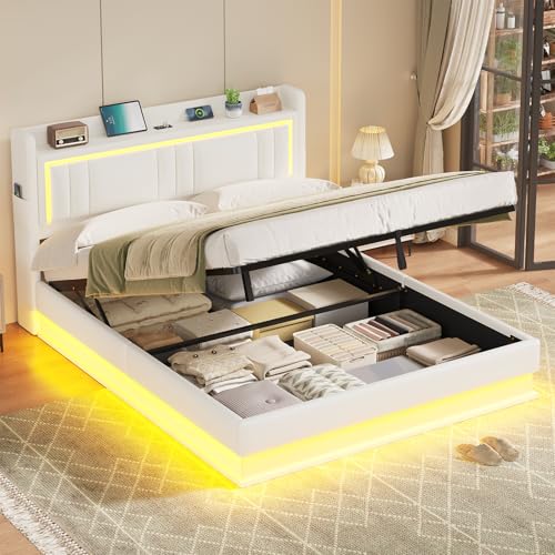 KIMENICH Bett mit LED Beleuchtung, Hydraulisches Bett 160x200 cm, Polsterbett, Kopfteil mit Stauraum, Ladestation, Bettgestell mit Lattenrost, Schwebender visueller Effekt, Schlafzimmer, PU weiß