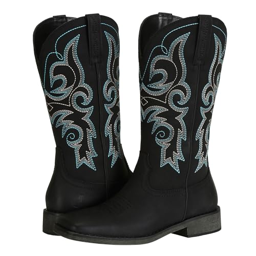 Image of J's.o.l.e Womens Square Toe Cowgirl Cowboy Boots Mid Calf with Chunky Heel Retro Embroidery Western Boots