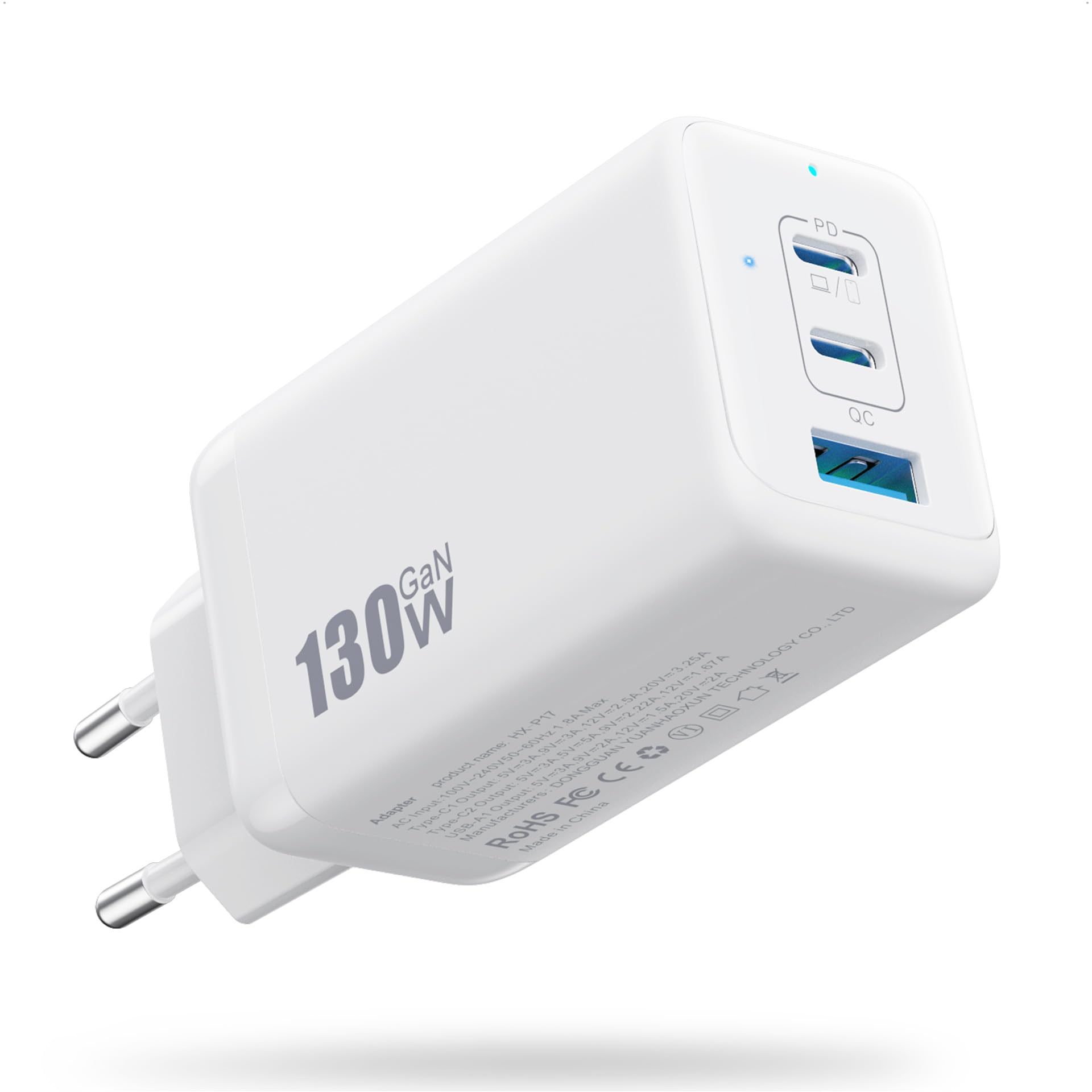 130W Caricatore USB C, 3 Porte GaN III Tech Alimentatore USB C, 65W PD+PPS Compatto Caricabatterie Ricarica Rapido Presa USB Compatibile con MacBook Pro/Air, iPad, iPhone 16/15, Galaxy S24 (Bianco)