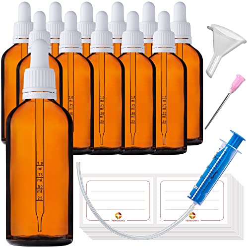 HandsUnity 100ml-12Stk Pipette Glasflasche - Bernsteinglas-Apothekenglas-Set mit weißem Pipettenverschluss inkl. 29 Stück Hilfsmittel Braunglasflaschen Cover