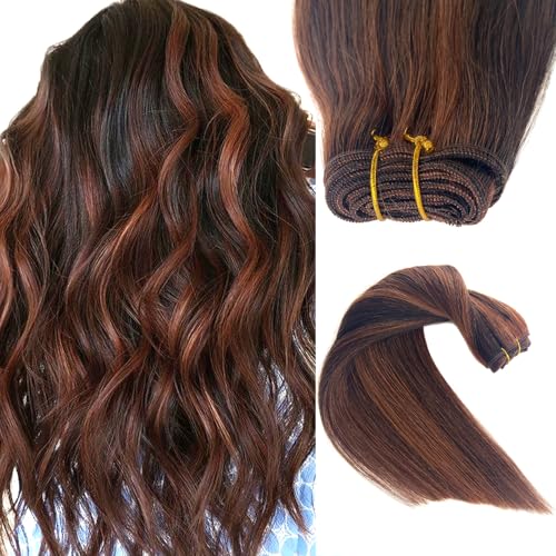 Image of Aubrun Brown Highlights Weft Hair Extensions Human Hair Weave Extensions Dark Brown Balayage Auburn Brown Highlight Sew in Hair Extensions Real Human Hair Wefts 20 Inch Hair Wefts Weave Bundles 100G
