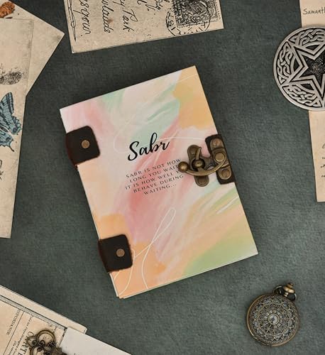 Image of Sabr Motivational Diary with Lock | 5x7 Inch Handmade Journal for Women & Men | Vintage Travel Notebook with Quote | Recycled Paper Writing Journal for Daily Notes & Gifts