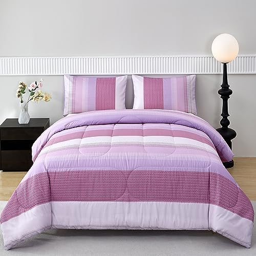 PERFEMET Lavender Purple Bedding Comforter Set Full Size Lightweight Fluffy Striped Comforter Sets for Boys Girls Men Women Soft Down Alternative All Season Bed Sets (Lavender, Full)