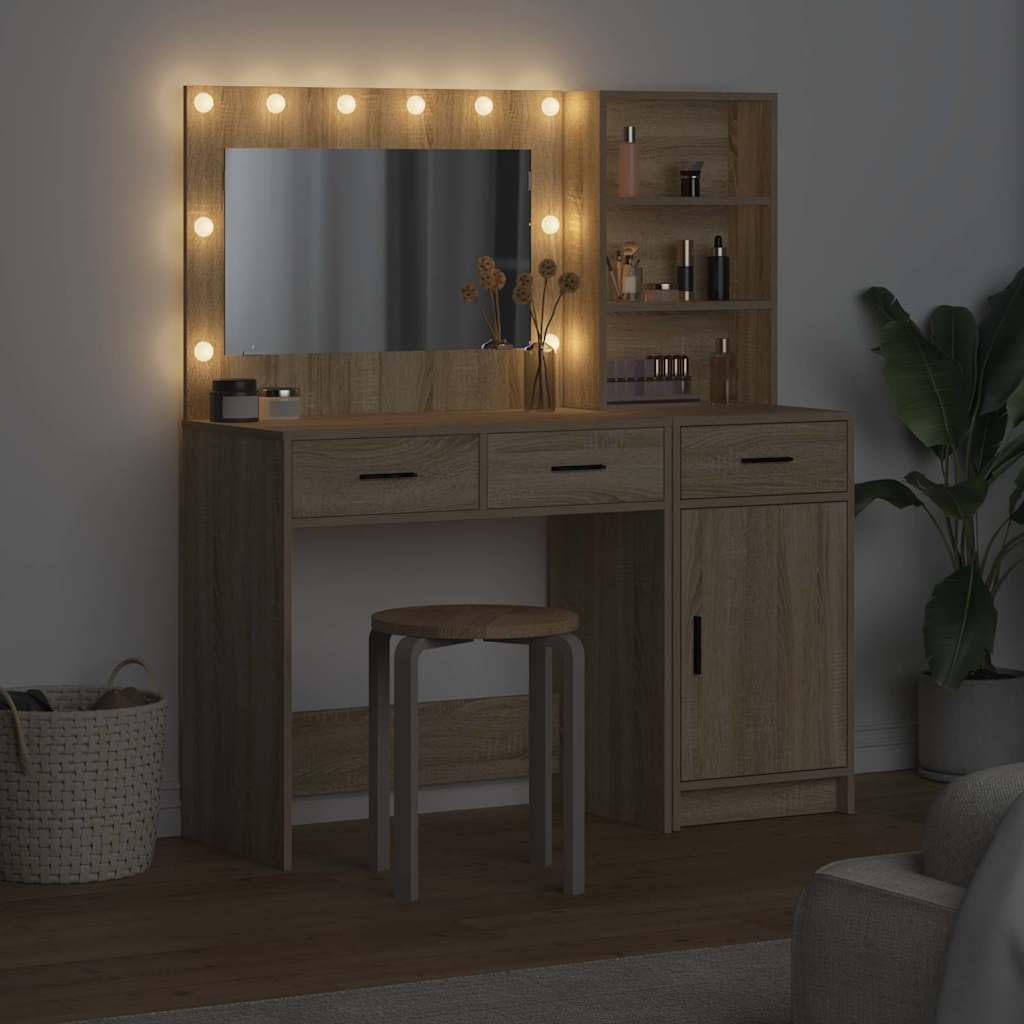 Tavolo da trucco in legno multistrato marrone con specchiera e luce LED, scrivania con cassetti e portaoggetti, mobiletto consolle salvaspazio per camera da letto