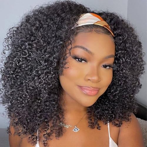 Image of 14 Inch Curly Headband Wig Human Hair 200 Density Human Hair Headband Wig Wear and Go Glueless None Lace Front Wigs for Black Women Natural Color, 100% Human Hair, No Shedding