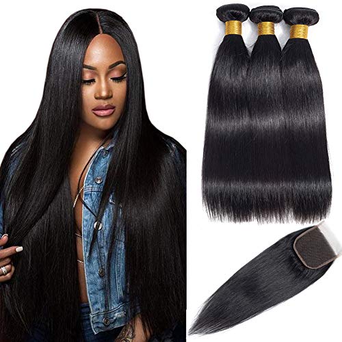 Brazilian Straight Hair Bundles with Closure(14" 16" 18" with 12") Remy Human Hair Bundles With Closure 9A Mink Brazilian Hair Bundles with Closure Free Part