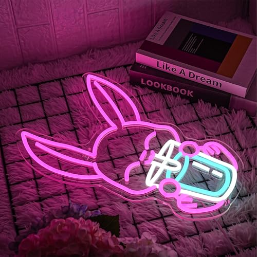 Image of Rabbit Drinking Milk Tea Neon Sign Easter Rabbit Neon Sign for Wall Decor Dimmable Led Pink Bunny Neon Lights USB Power Animal LED Sign for Home Decor for Bedroom Restaurant Easter Gifts