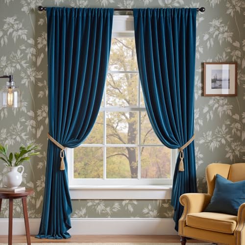 Lazzzy Dark Blue Velvet Curtains Blackout Thermal Insulated Curtains 102 Inch Long Window Drapes for Bedroom Living Room Super Soft Luxury Rod Pocket Window Treatment, 2 Panels