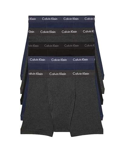 Calvin Klein Men's Cotton Classics 5-Pack Boxer Brief - 2 Blue Shadow Body W/Blue Shadow Waistband, 2 Charcoal Heather Body W/Charcoal Heather Waistband, 1 Black Body W/Black Waistband - Small