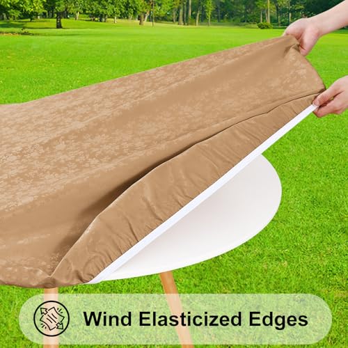 Image of Smiry Waterproof Heavy Duty Vinyl Fitted Tablecloth for 45 inch-56 inch Round Table | Elastic Plastic Table Cloth, Wipeable Washable Floral Patio Table Cover for Picnic, Kitchen and Dining, Brown