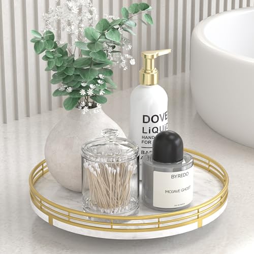 Image of White Marble Lazy Susan Turntable for Table Top - 10 inch Round Marble Tray Organizer for Bathrroom, Vanity, Dining Table, Kitchen Countertop & Bar, Luxury Stone Serving Tray with Gold Frame